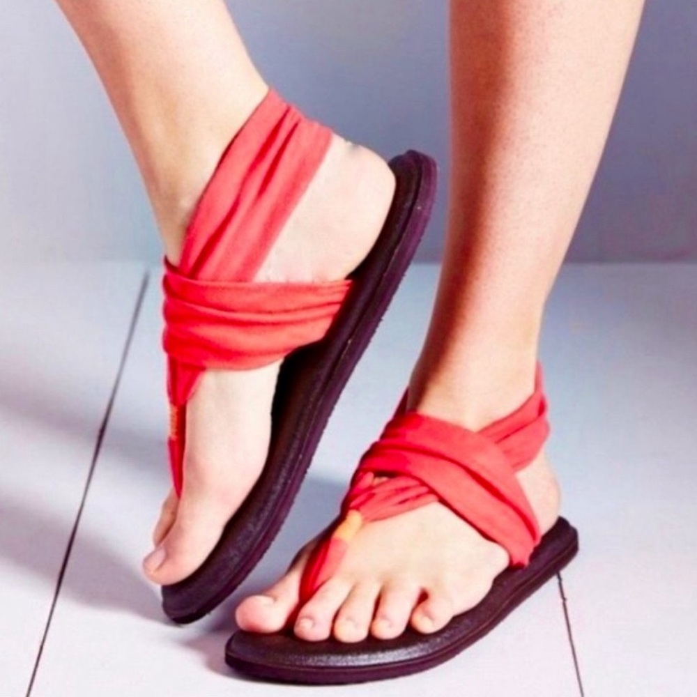 NWT Sanuk Yoga Mat Sling 2 Sandals Shoes Coral Pink Black Comfort Size 7